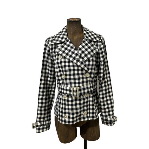 Ralph Lauren Plaid Short Trench Jacket Size Small Black White Check Belted - Picture 1 of 7